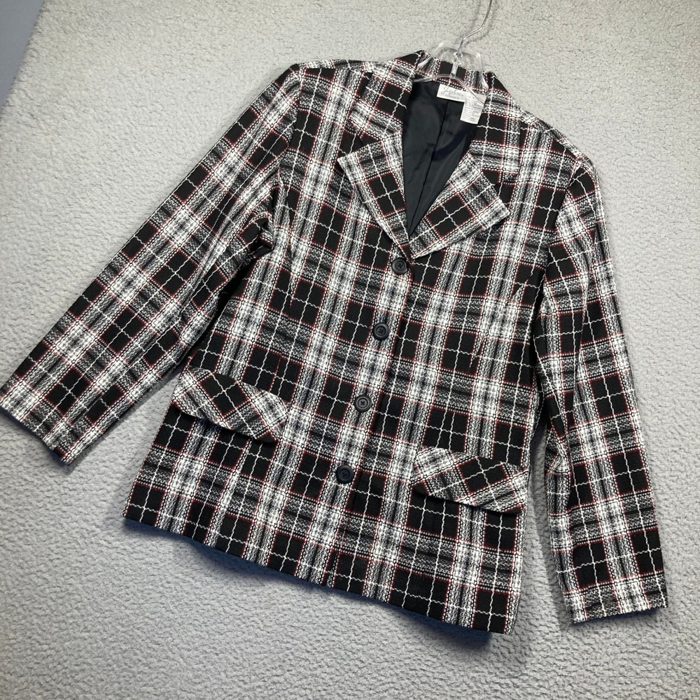 Jaclyn Smith Classics Blazer Womens 14 Black White Red Plaid 4-Button Jacket